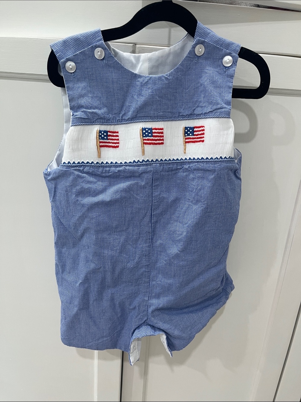 Edgehill Collection Blue Seersucker Romper with Flag Embroidery